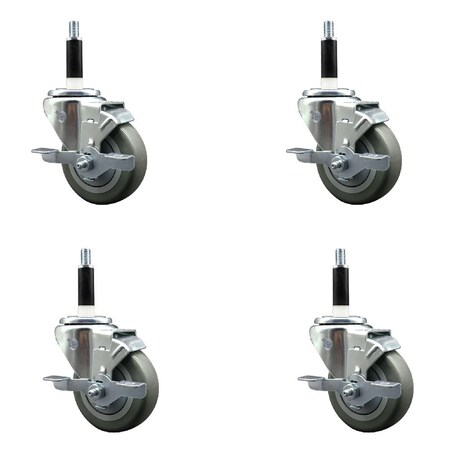 Service Caster 3.5'' Gray Poly Swivel 7/8'' Expanding Stem Caster Set with Brake, 4PK SCC-EX20S3514-PPUB-TLB-78-4